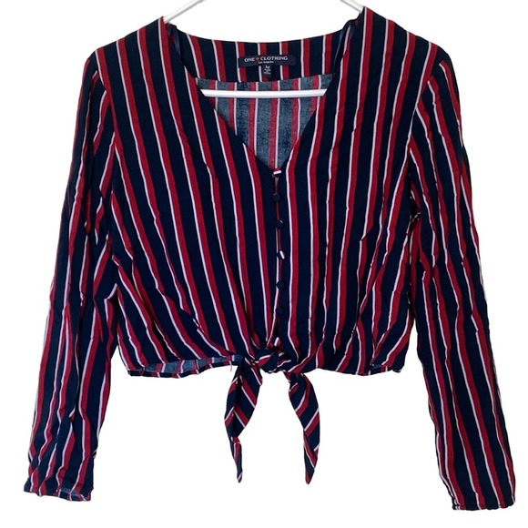 One Love Red Blue Striped Long Sleeve Crop Top Size M - Picture 1 of 6
